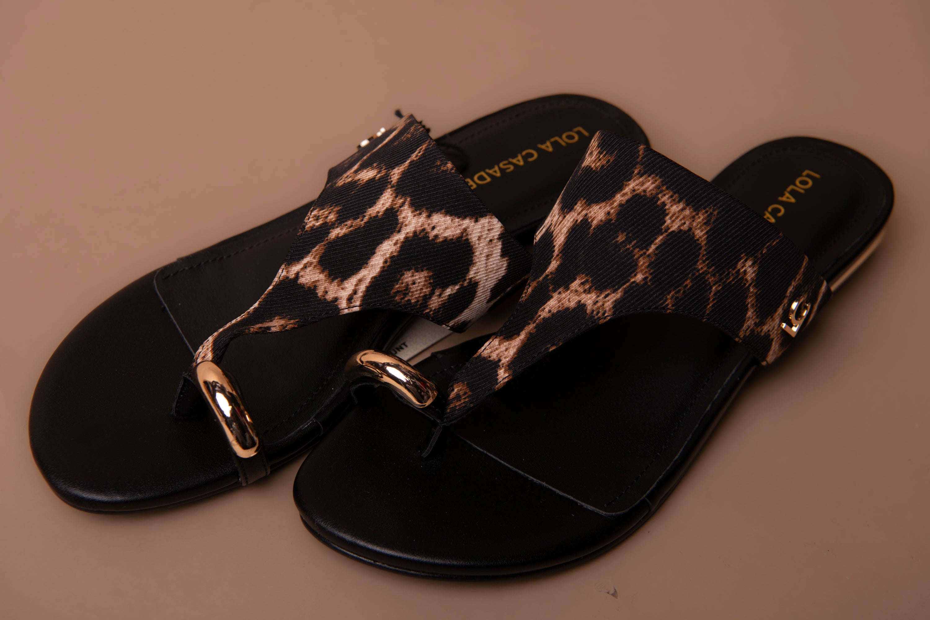 Flat Sandal with Animal Print and Metallic Toe Detail