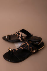 Flat Sandal with Animal Print and Metallic Toe Detail
