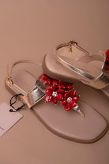 Metallic Flat Sandal with Flower Detail