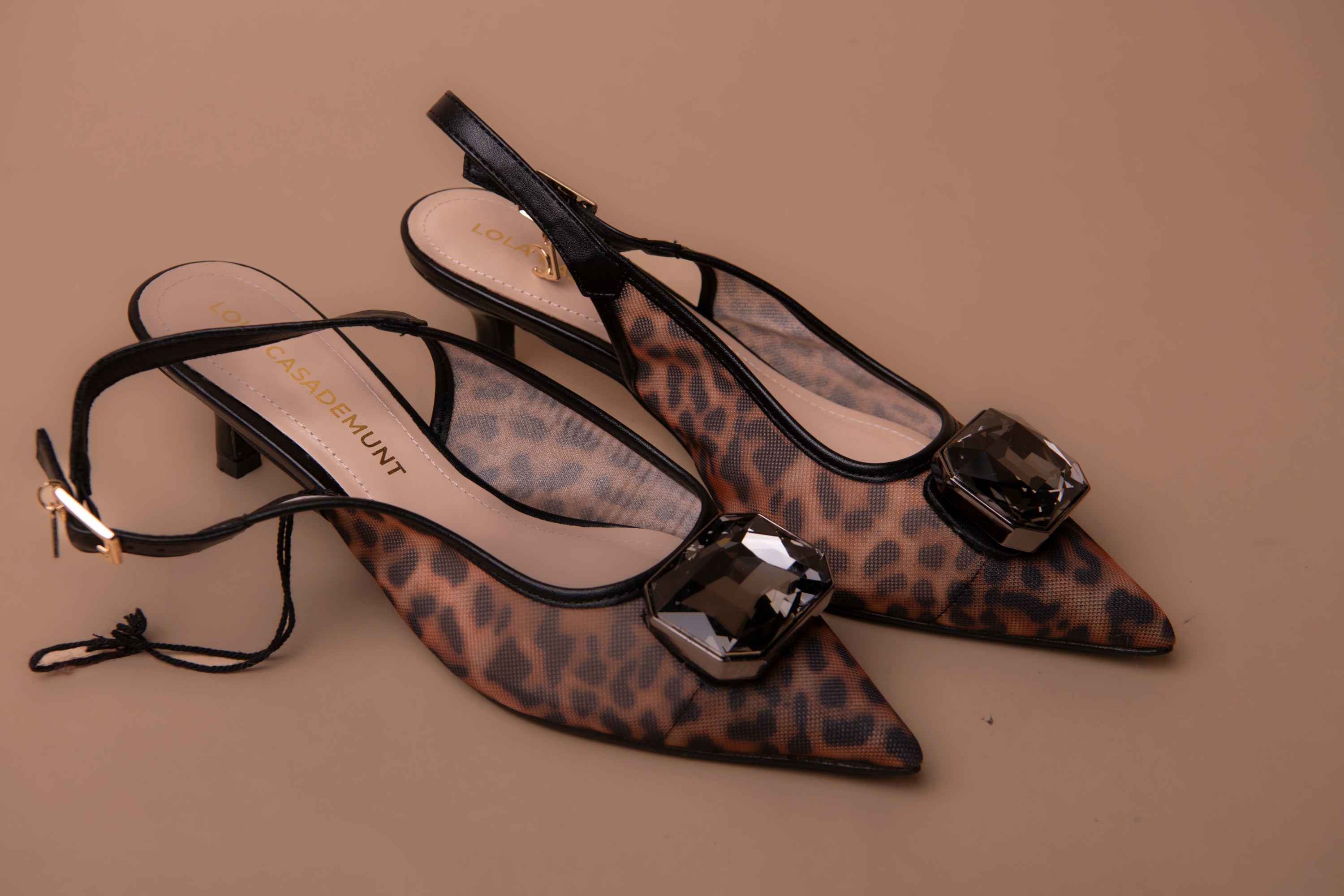 Mesh High Heel with Animal Print and Crystal Detail