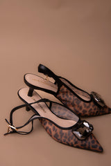 Mesh High Heel with Animal Print and Crystal Detail