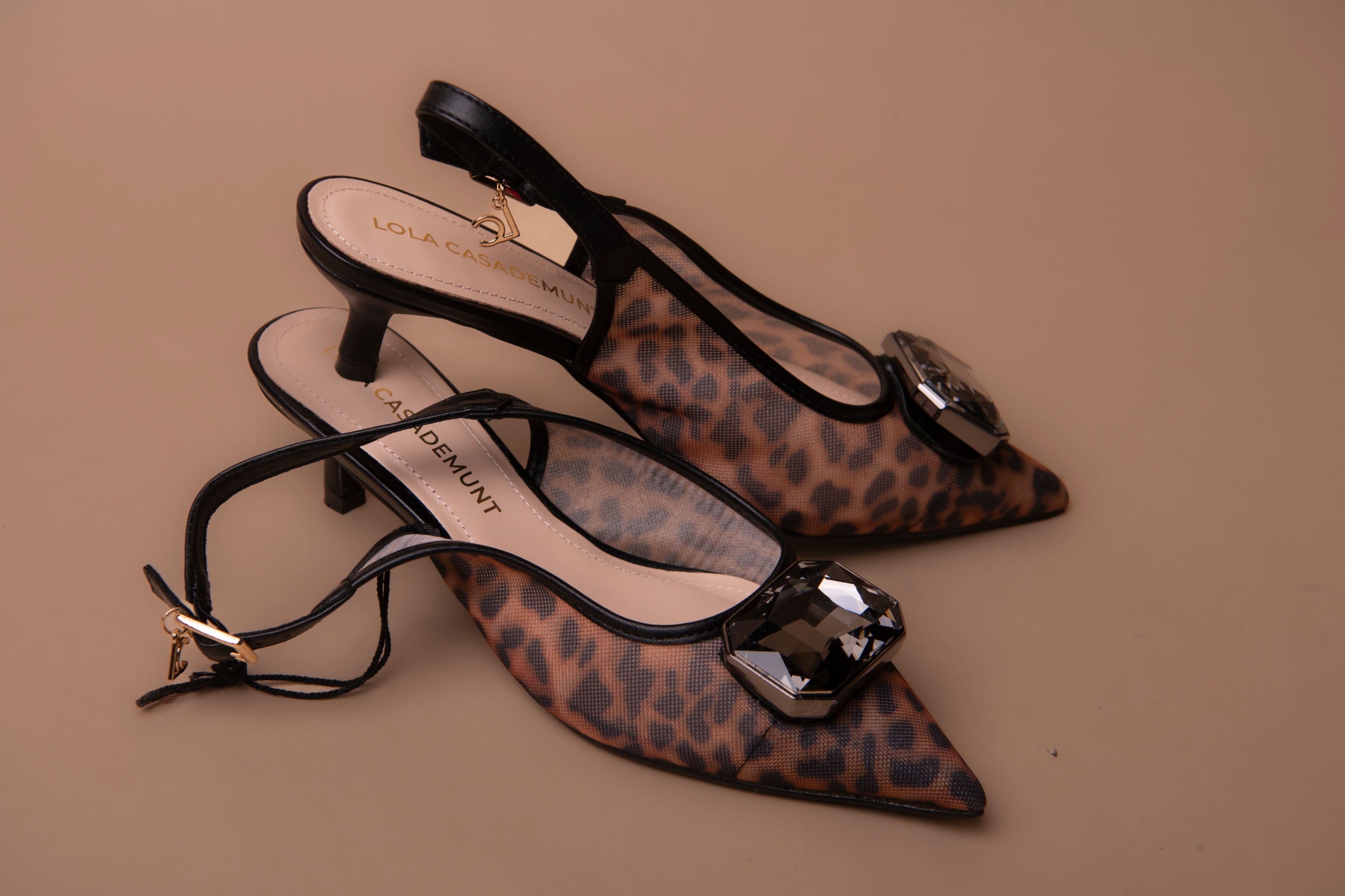Mesh High Heel with Animal Print and Crystal Detail