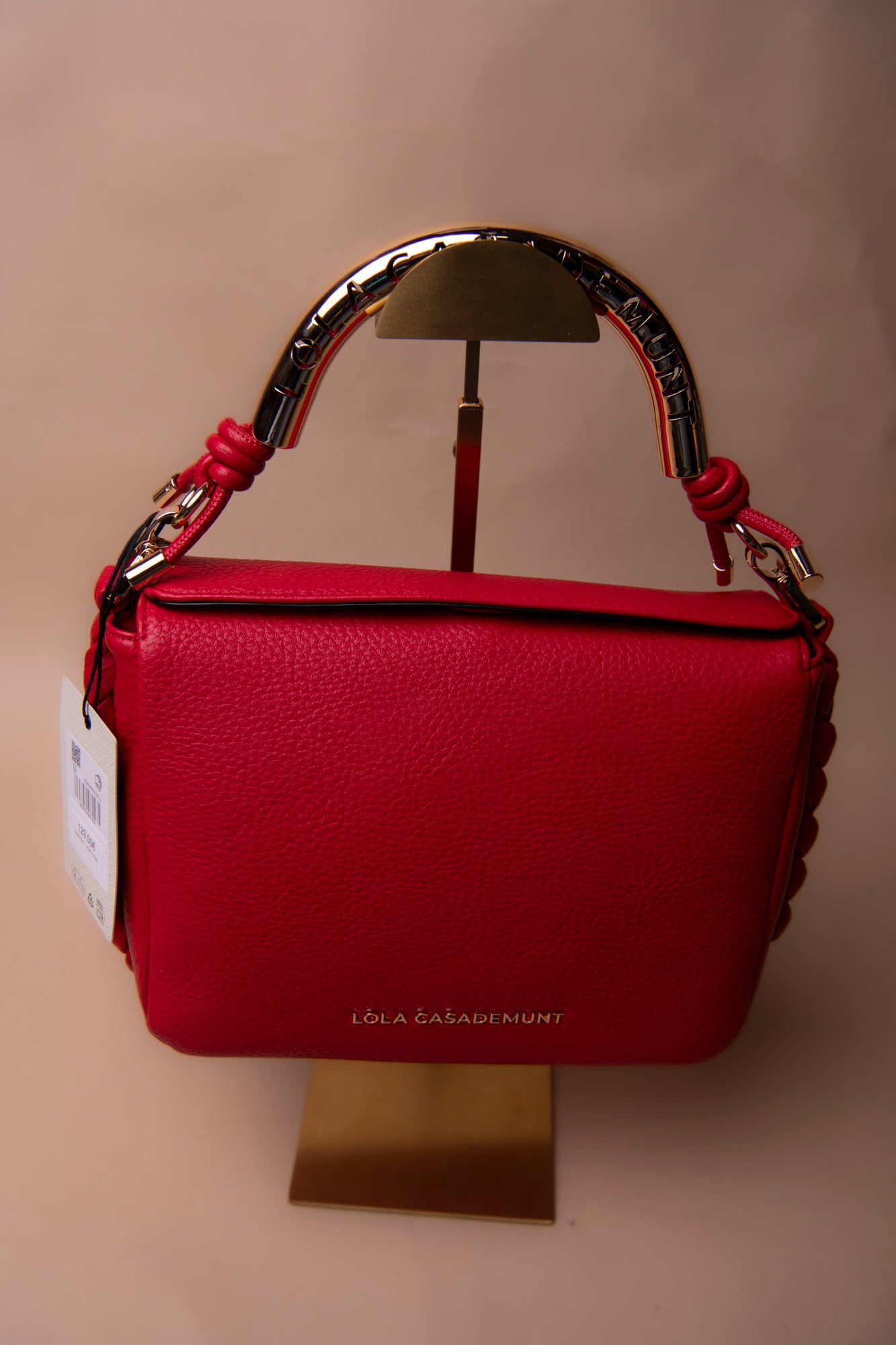 Red Crossbody Bag with Perforated Metal Handle