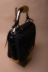 Combined Straw Effect Crossbody with Perforated Logo Handle
