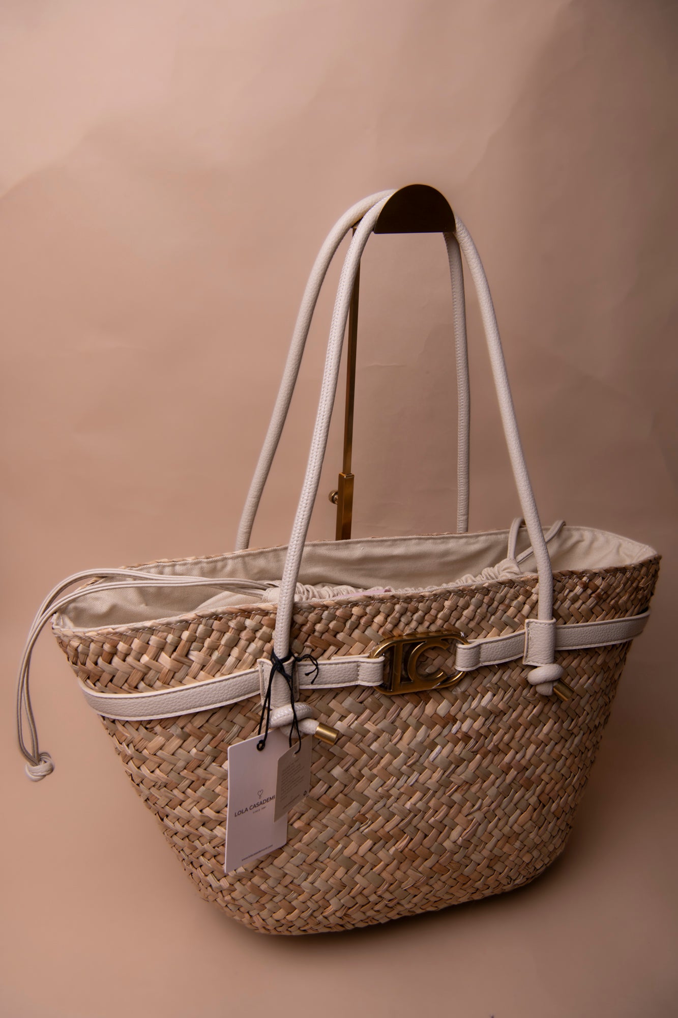 Basket Bag with Handles and Faux Leather Details
