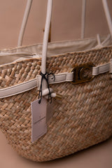 Basket Bag with Handles and Faux Leather Details