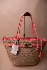 Basket Bag with Handles and Faux Leather Details