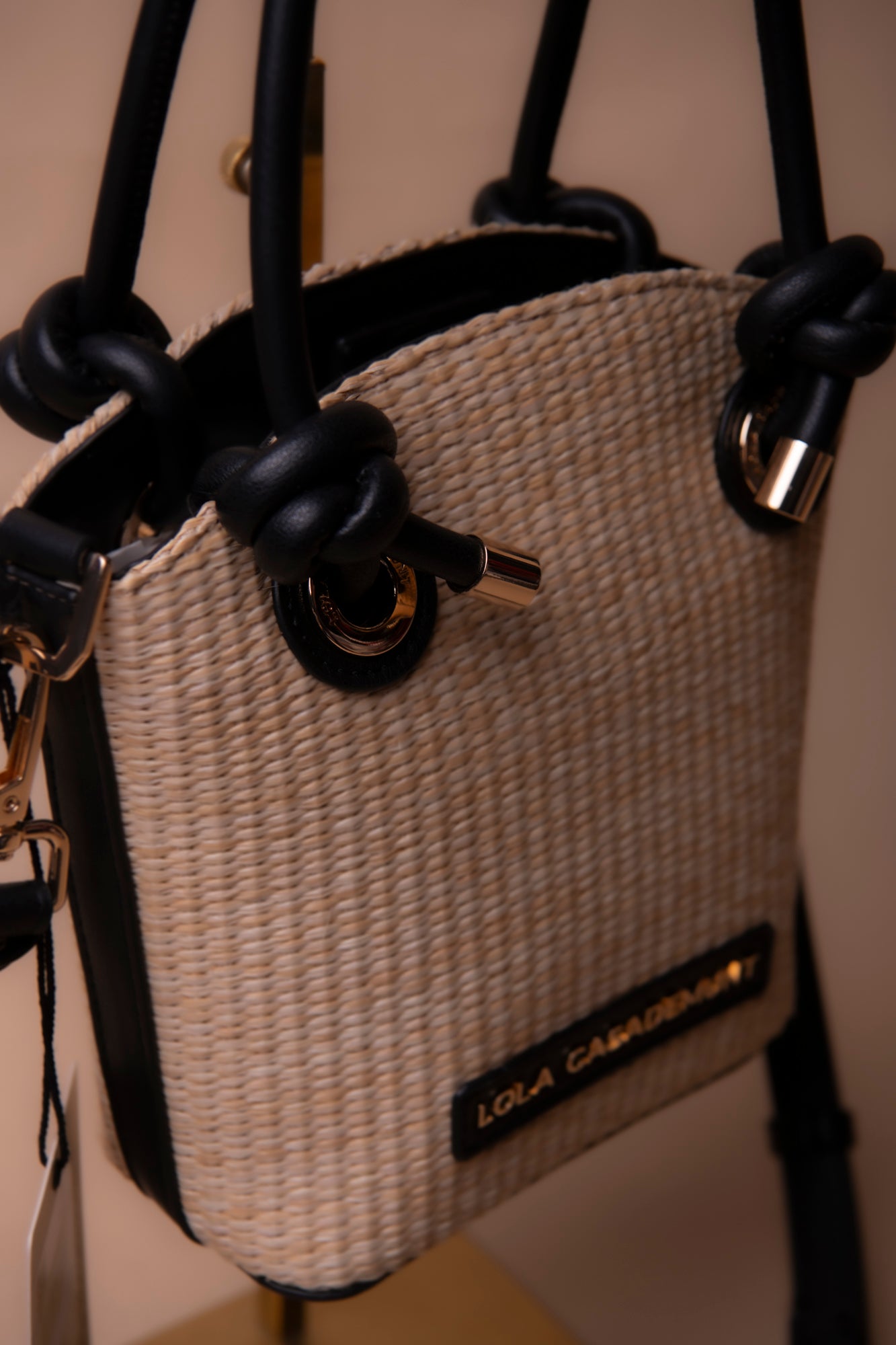 Combined Raffia and Faux Leather Mini Bag