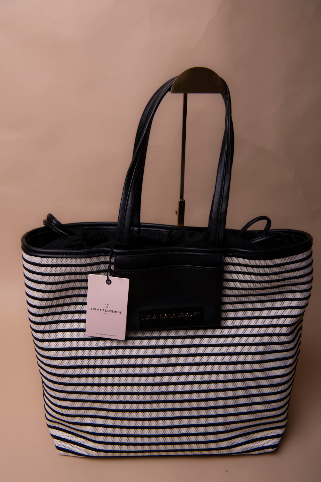 Striped Woven Shopper with Faux Leather Effect.