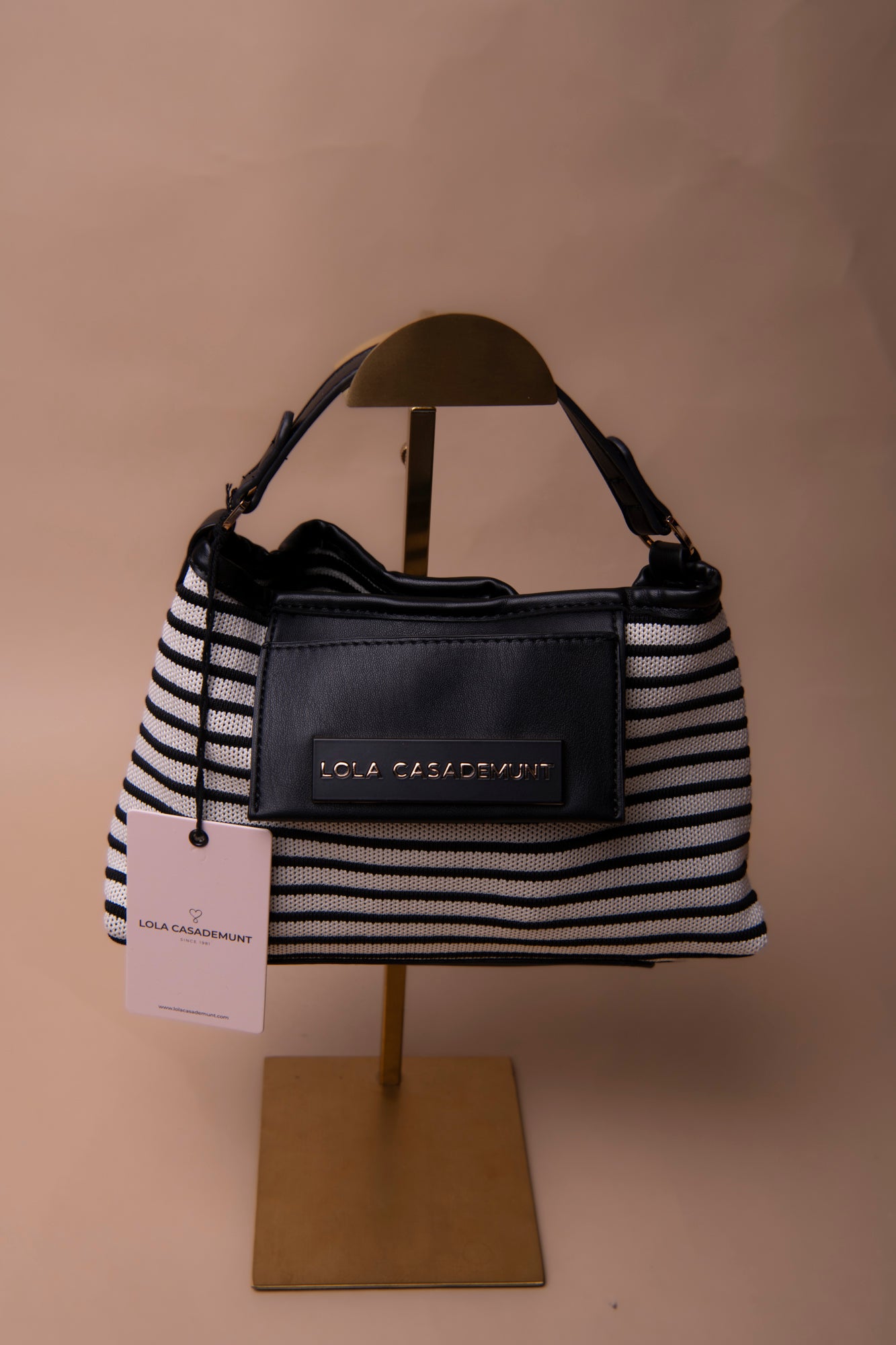 Striped Fabric Shoulder Bag with Leather Effect