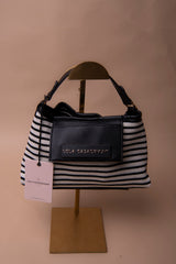 Striped Fabric Shoulder Bag with Leather Effect