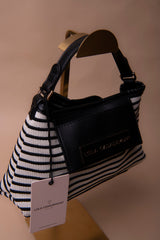 Striped Fabric Shoulder Bag with Leather Effect