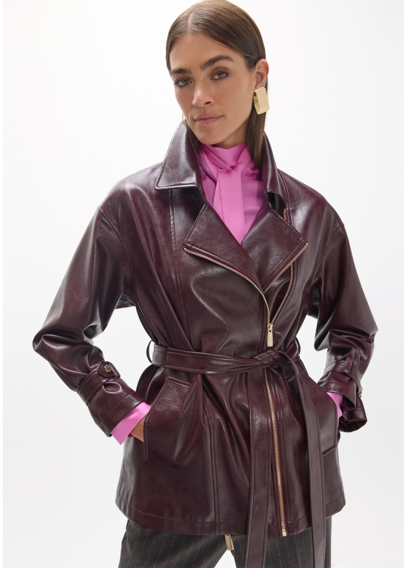 Long biker jacket in leather effect with belt