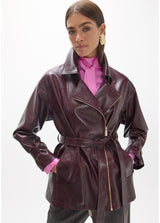 Long biker jacket in leather effect with belt