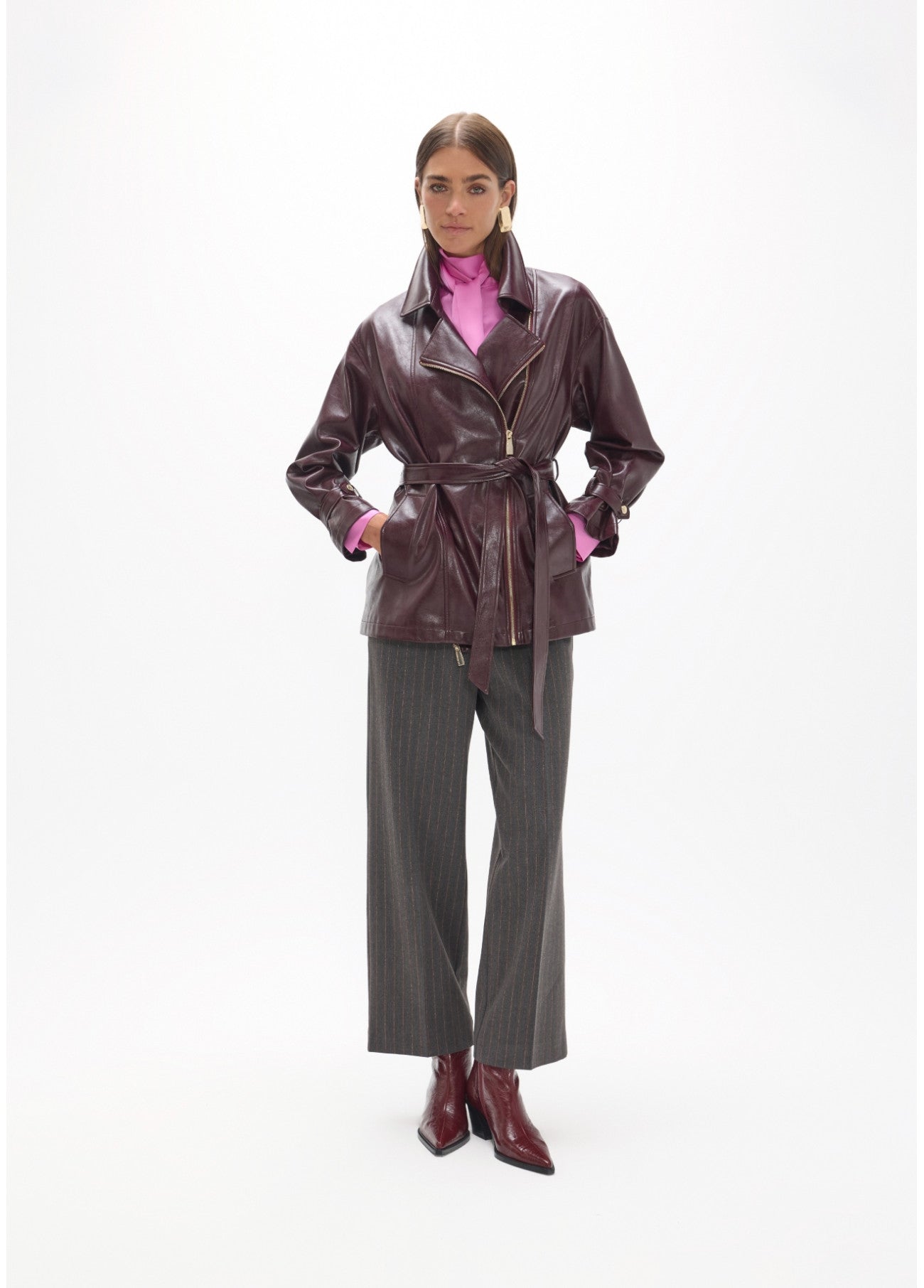Long biker jacket in leather effect with belt