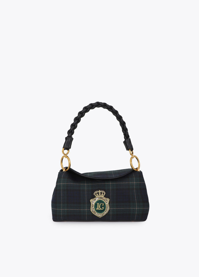 Oval lapel shoulder strap with checkered fabric and leather-effect details