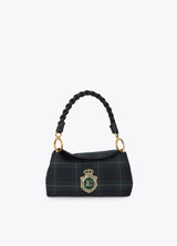 Oval lapel shoulder strap with checkered fabric and leather-effect details
