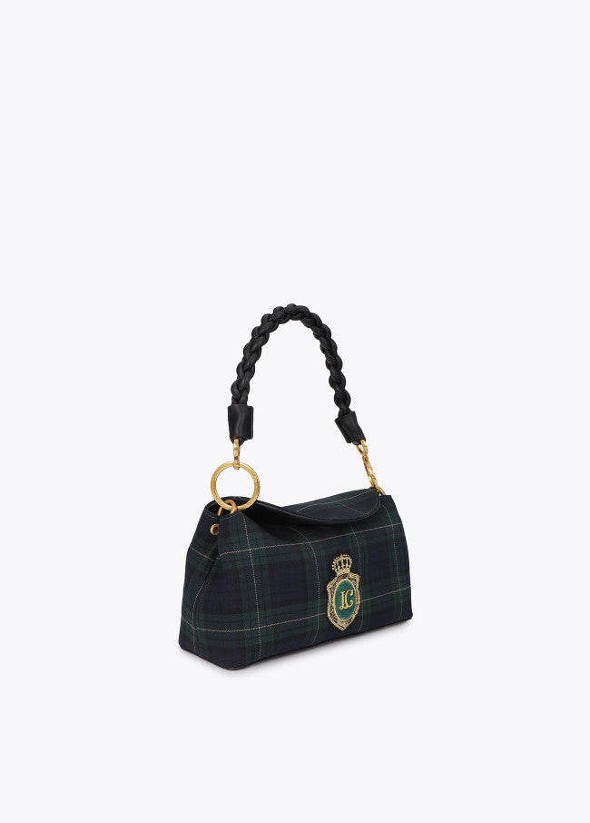 Oval lapel shoulder strap with checkered fabric and leather-effect details