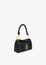 Oval lapel shoulder strap with checkered fabric and leather-effect details