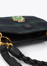 Oval lapel shoulder strap with checkered fabric and leather-effect details