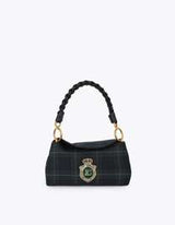 Oval lapel shoulder strap with checkered fabric and leather-effect details