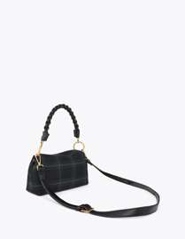 Oval lapel shoulder strap with checkered fabric and leather-effect details