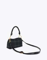 Oval lapel shoulder strap with checkered fabric and leather-effect details