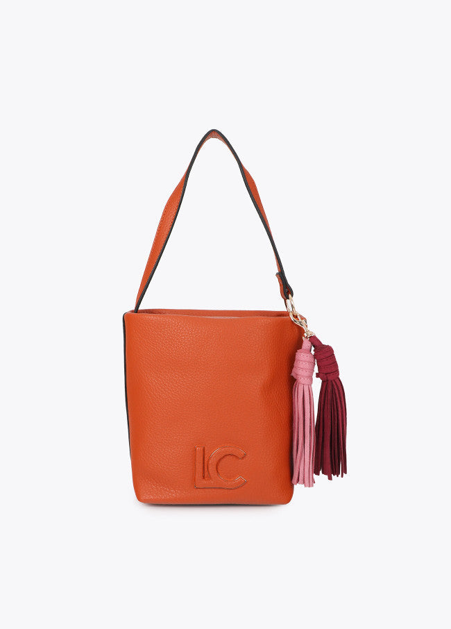 Faux leather shoulder bag with pompoms