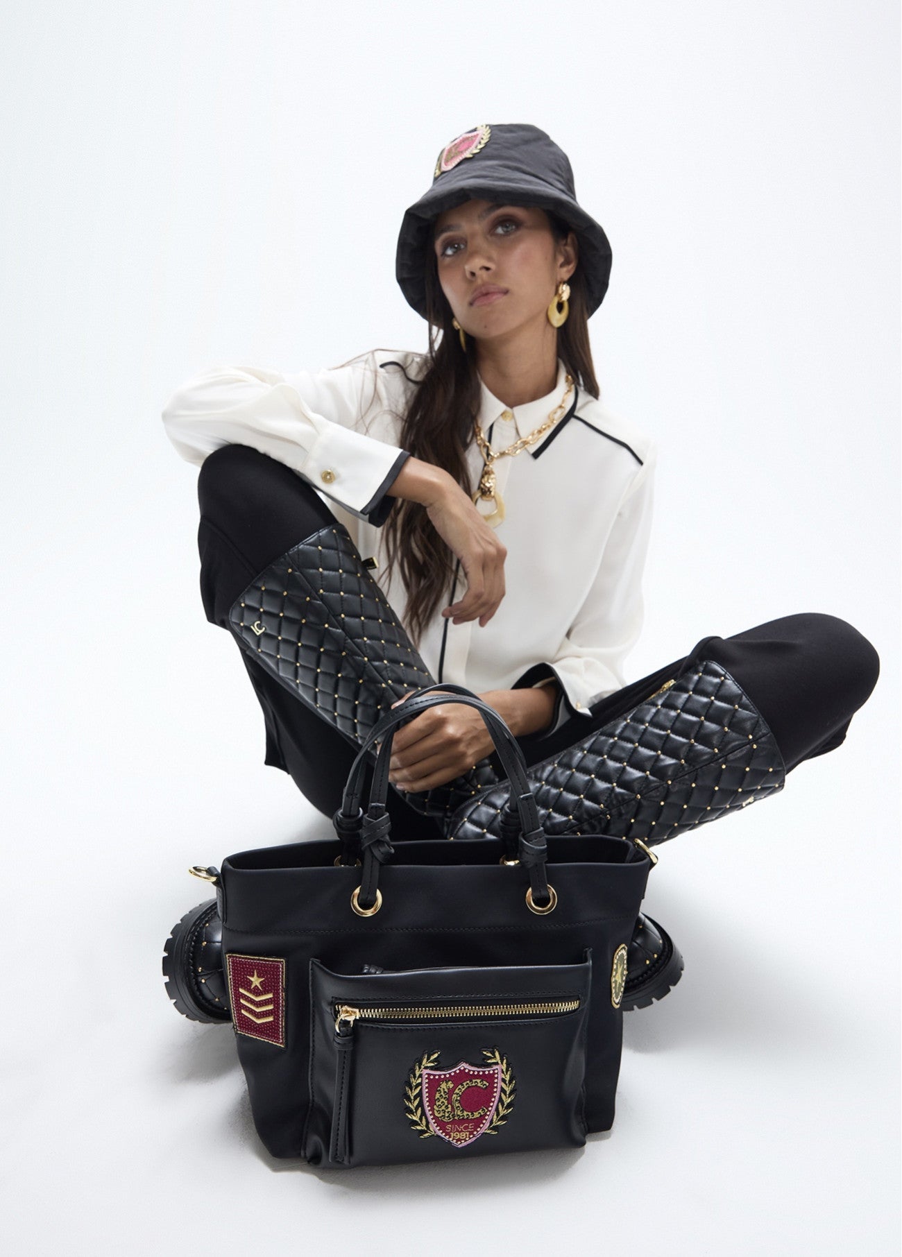 Nylon shoulder bag with patches
