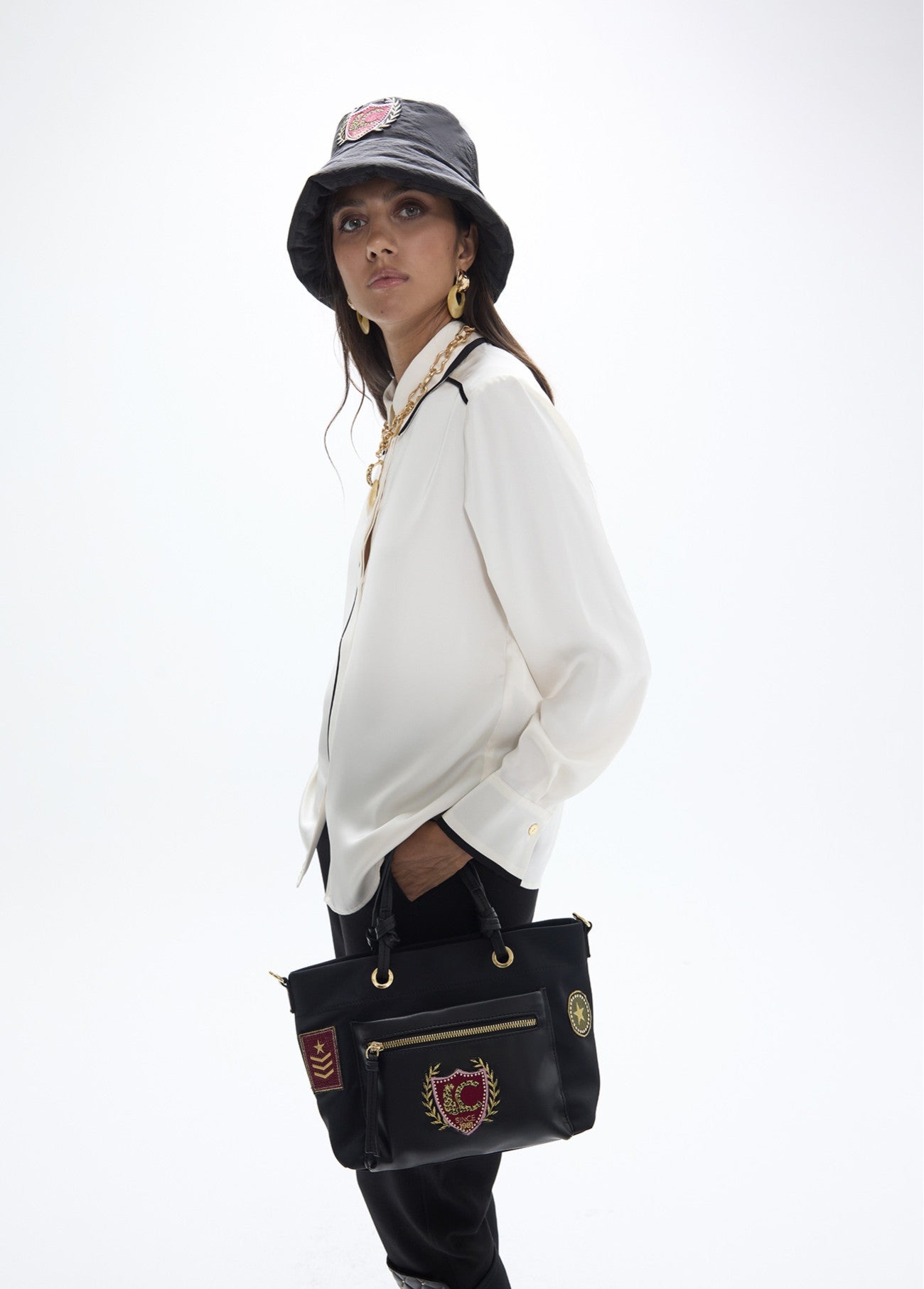 Nylon shoulder bag with patches