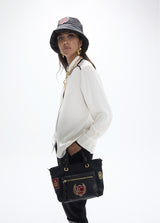 Nylon shoulder bag with patches