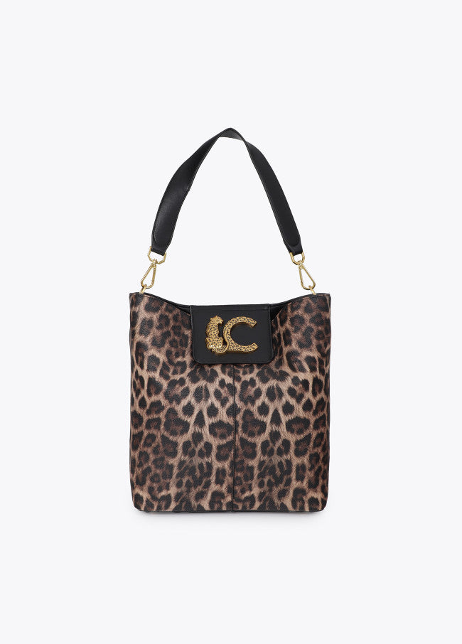 Shopper with chain detail and leather-effect leopard logo