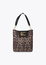 Shopper with chain detail and leather-effect leopard logo