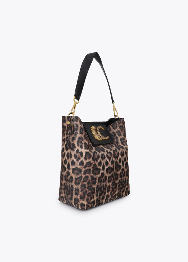 Shopper with chain detail and leather-effect leopard logo