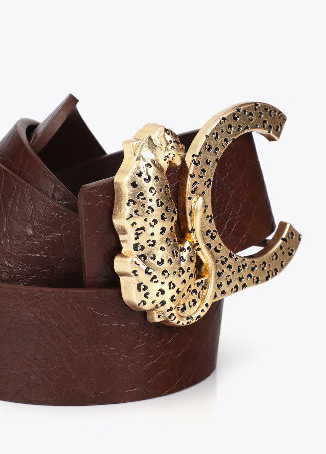 Leather-effect belt with animal buckle texture