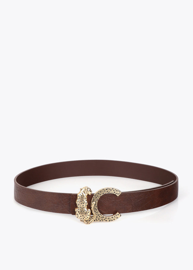 Leather-effect belt with animal buckle texture