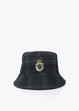 Bucket hat in tartan print fabric with shield detail