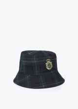 Bucket hat in tartan print fabric with shield detail