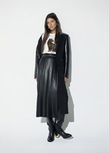 Combined skirt in leather effect and roma knit, pleats, midi length and chain at waistband