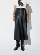 Combined skirt in leather effect and roma knit, pleats, midi length and chain at waistband