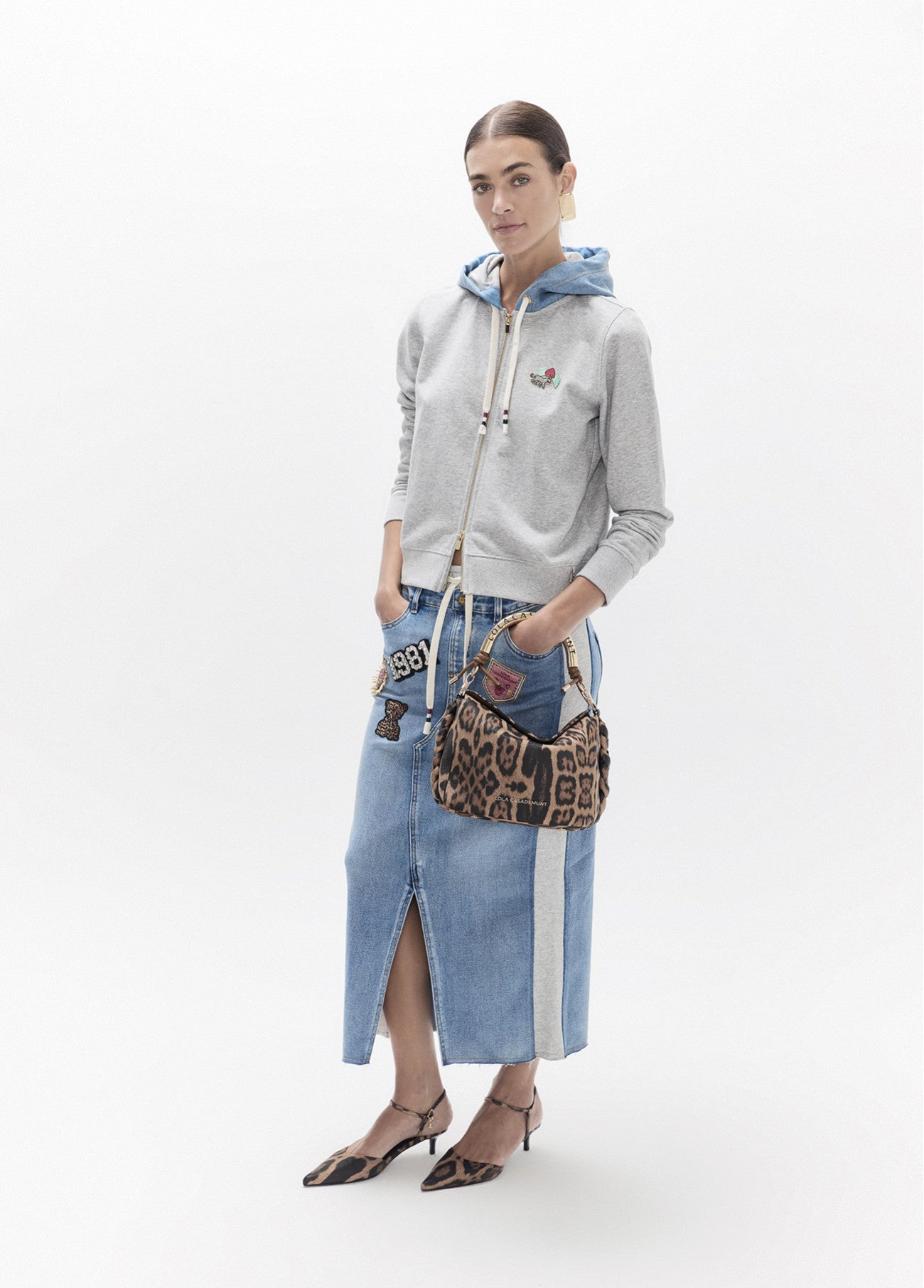 Denim and jersey combo skirt with patches