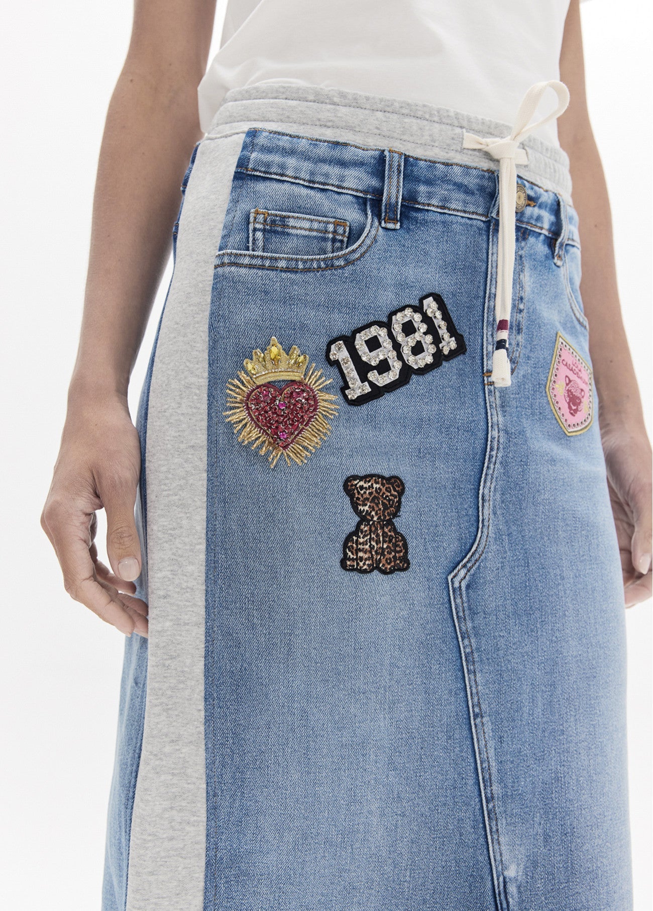 Denim and jersey combo skirt with patches