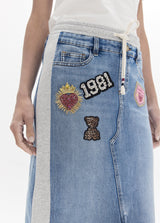 Denim and jersey combo skirt with patches