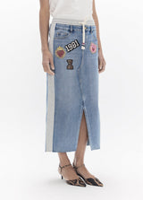 Denim and jersey combo skirt with patches