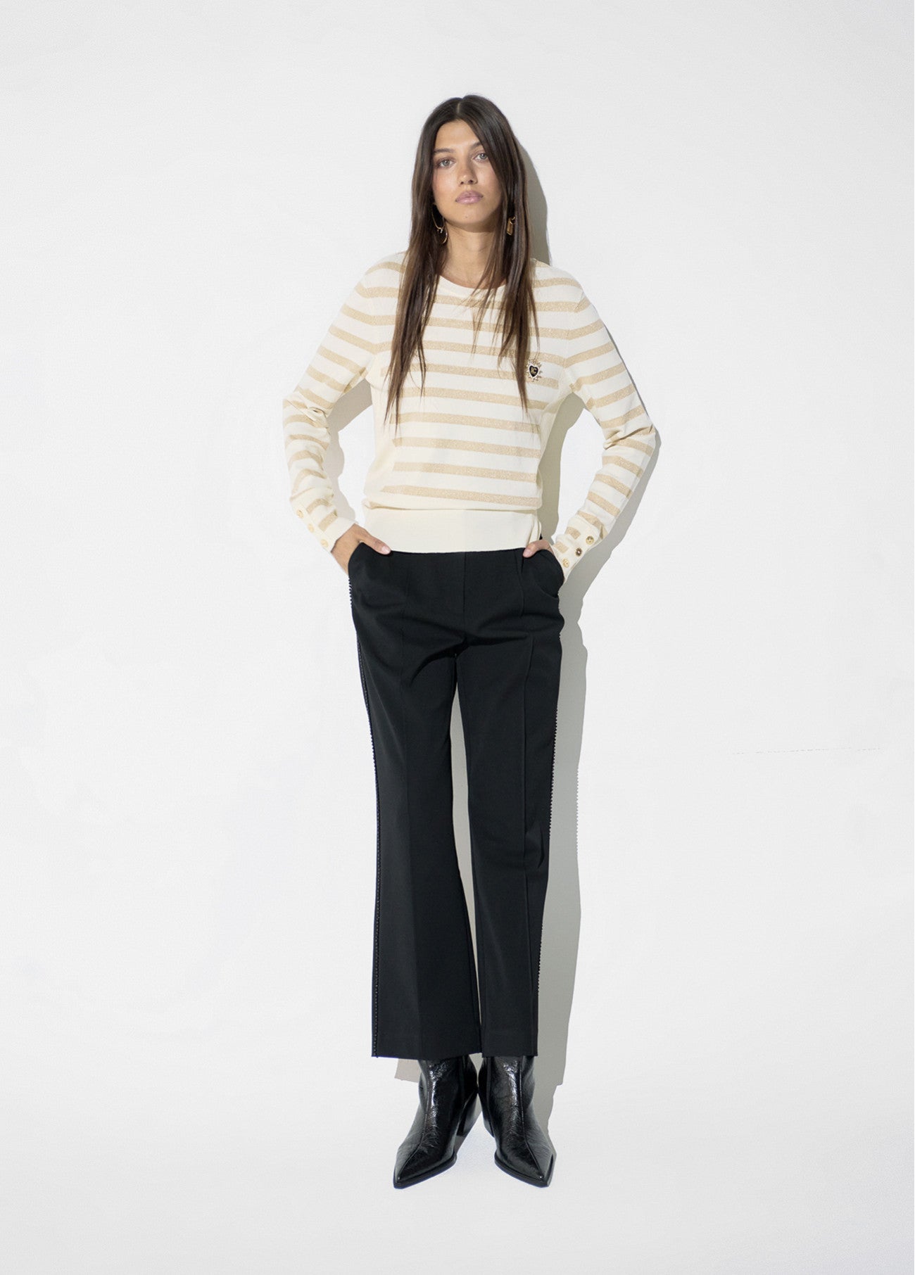 Lurex striped sweater and pin