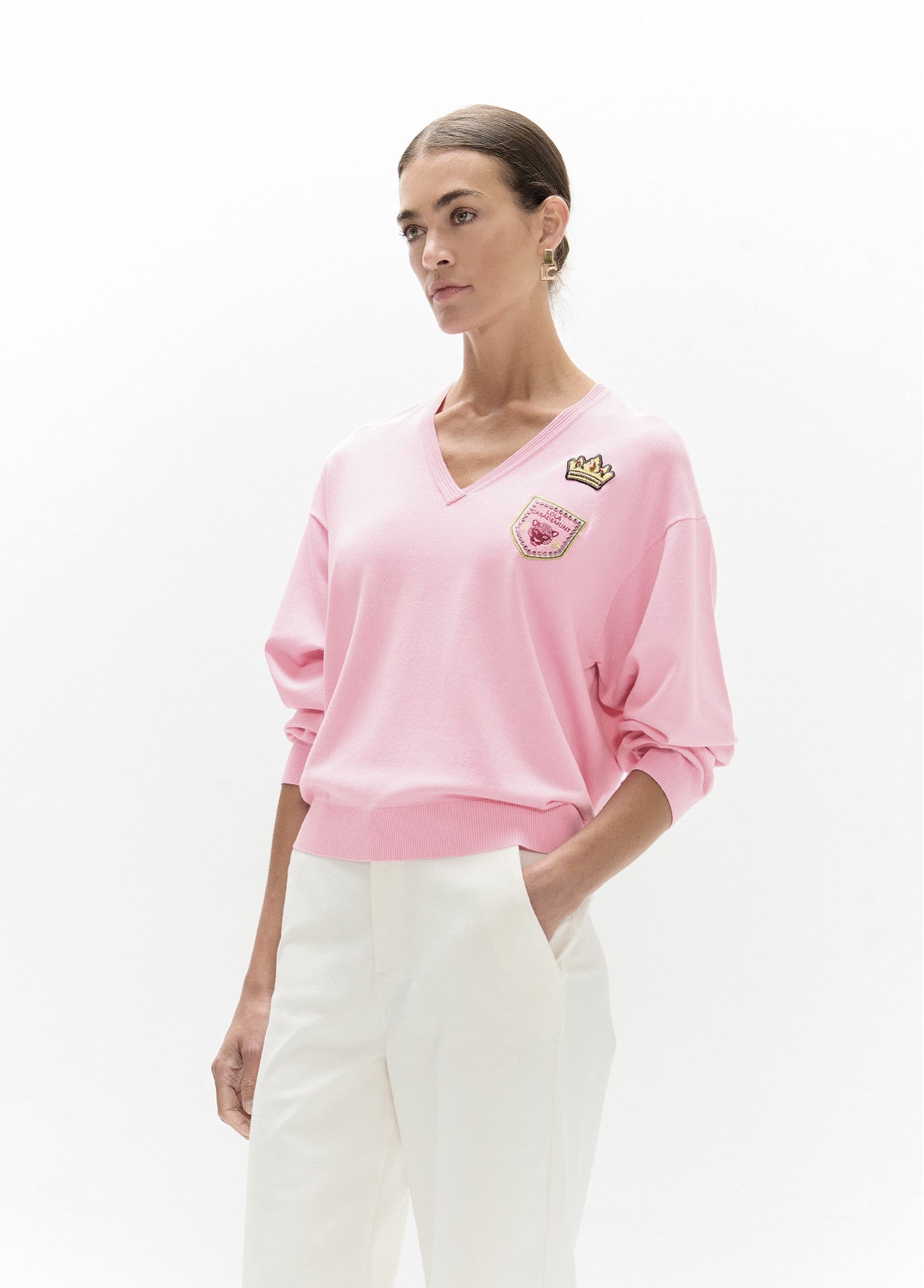 V-neck sweater with patches