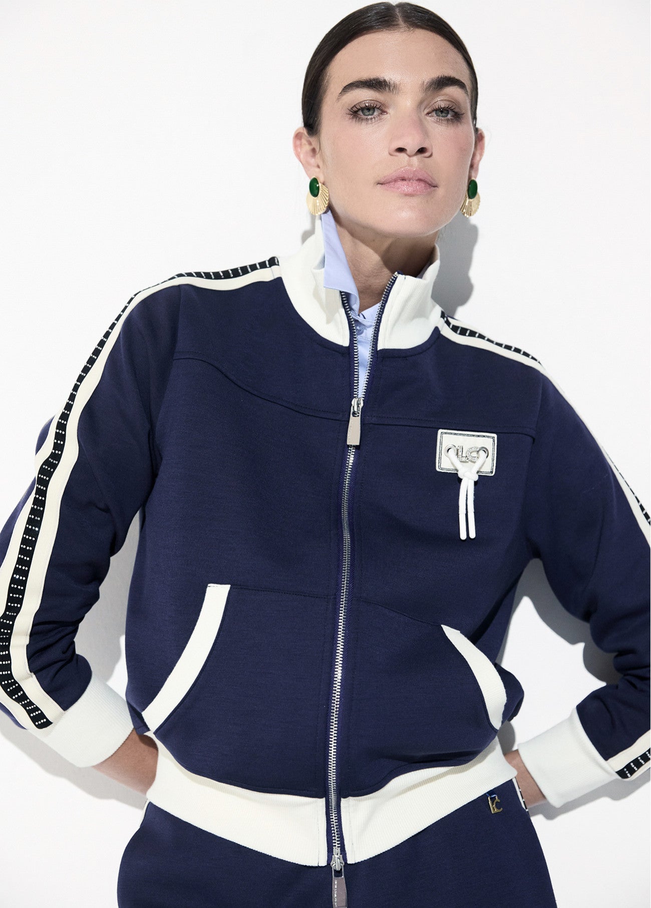 Sweatshirt with two-tone side stripe detail and rhinestones, front and back patch