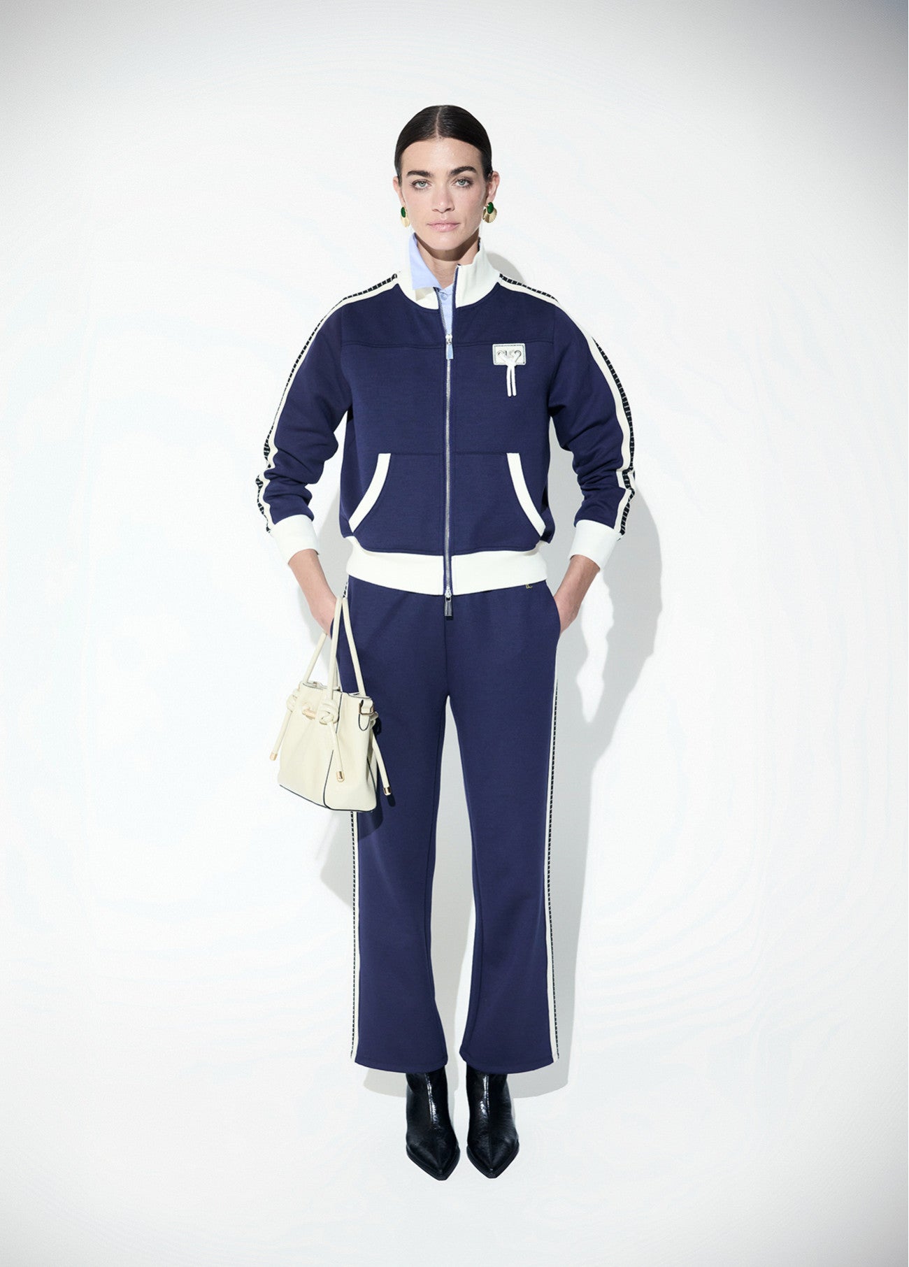 Sweatshirt with two-tone side stripe detail and rhinestones, front and back patch