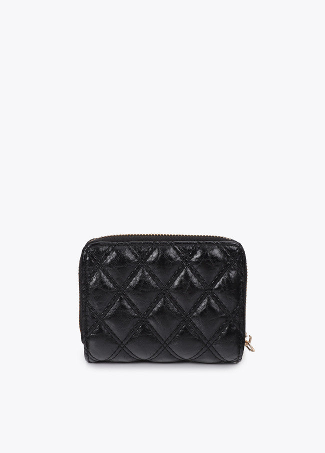 Padded coin purse with double stitching and tubular handle