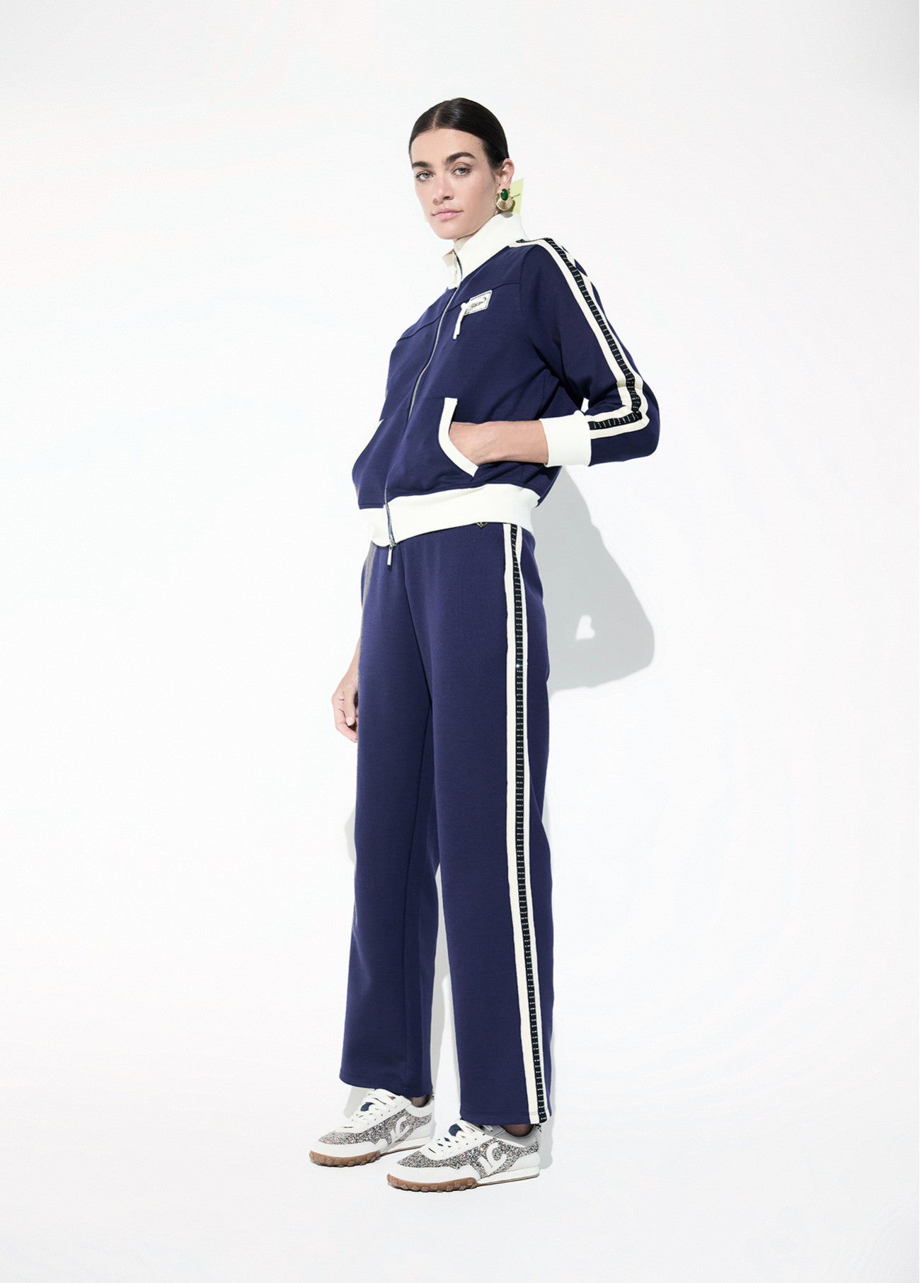 Jogger trousers with two-tone side band detail and blue rhinestones